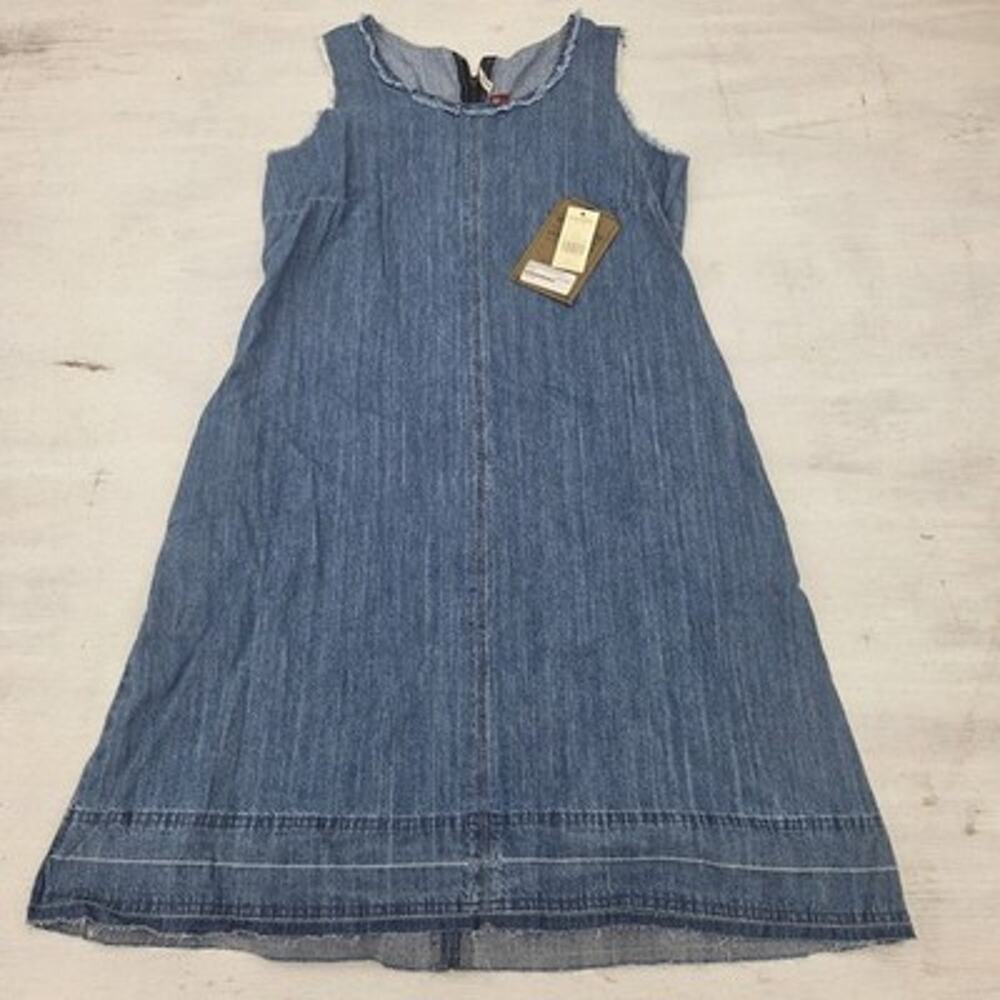 Stetson Blue Denim Cotton Sleeveless Raw Hem Round Neck A-Line Dress Womens M